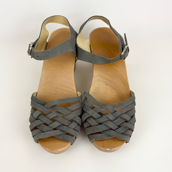 Kulik Swedish Handmade Gray Leather Basket Wooden Sandal Clogs Womens EU 37 US 7 - Picture 3 of 16